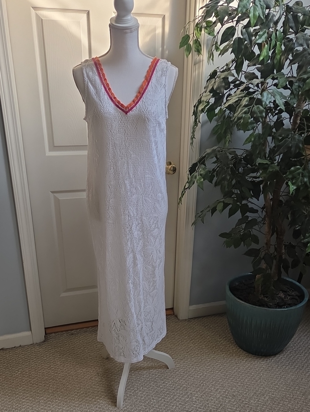 Banana Moon Aguanga White Lace V-Neck Coverup with Pink and Orange Trim, Size M